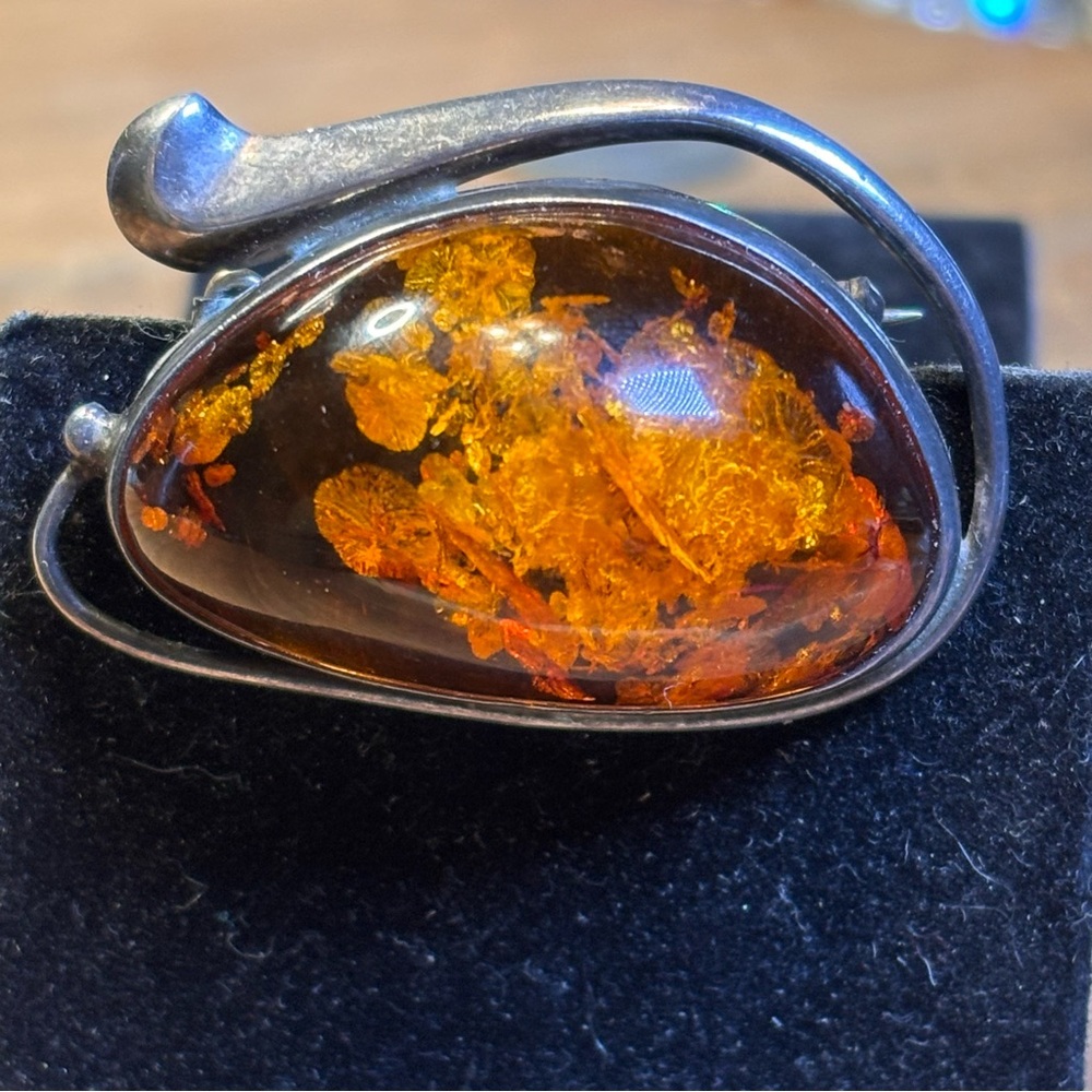 Sterling Silver & amber brooch